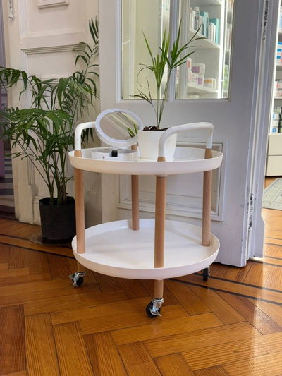 Carrito Organizador Redondo Blanco y Madera 2 pisos con ruedas