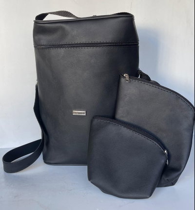 combo bolso CLASICO CUERINA matero grande con sujetador para termo + yerbero + azucarero 