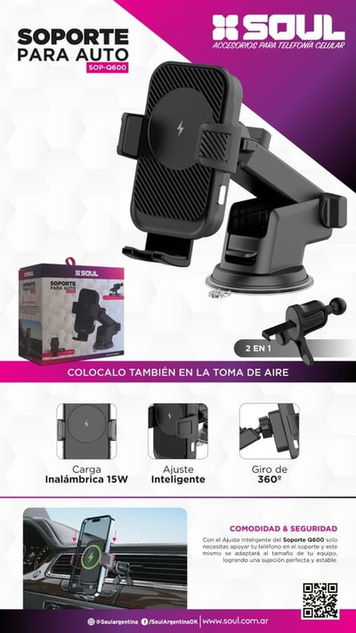 SOPORTE Q600 2 EN 1 CARGA INALAMBRICA 15W SOUL