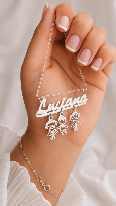 Collar con dije Nombre e Hijitos de Plata 925 y Oro 18k