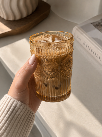 Vaso vidrio labrado Ámbar x unidad