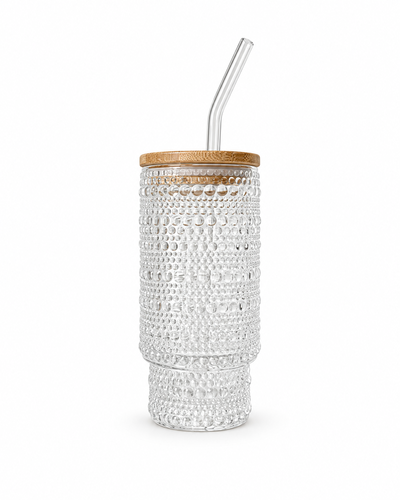 Vaso con sorbete vidrio labrado & tapa de bambú