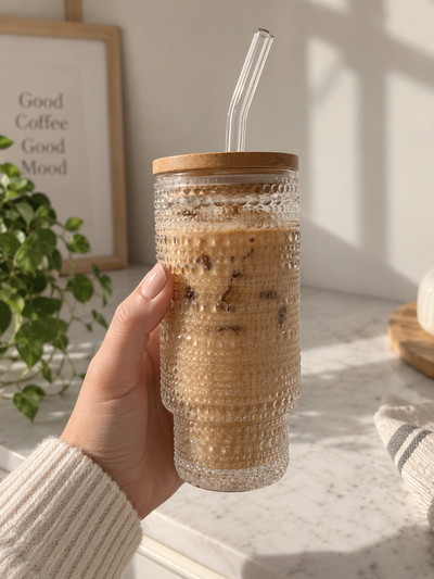 Vaso con sorbete vidrio labrado & tapa de bambú