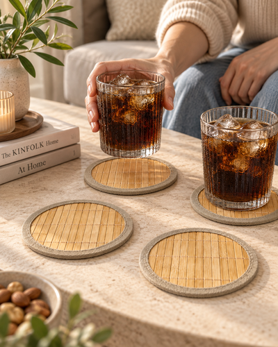 Posavasos redondo de bambú con borde de tela xunidad