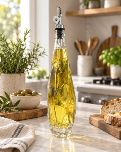 Aceitero de vidrio facetado con vertedor de acero inoxidable
