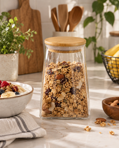 Frasco de vidrio con tapa de bambú – 15 cm