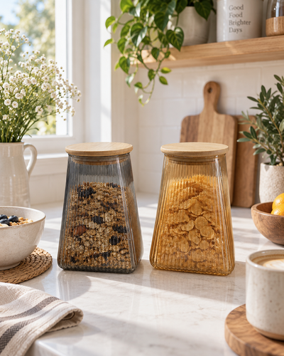 Frascos de vidrio labrado con tapa de bambú – color humo y ámbar