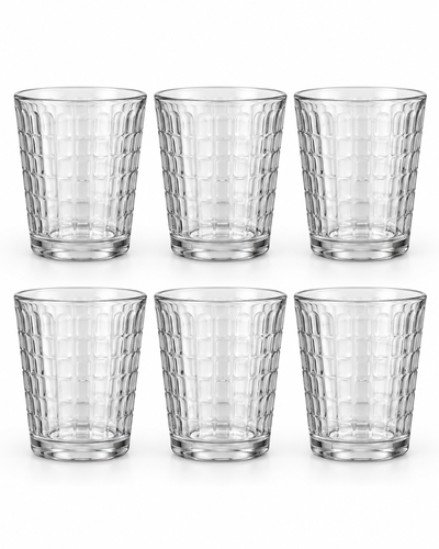 Juego de 6 vasos de vidrio transparente con relieve cuadriculado