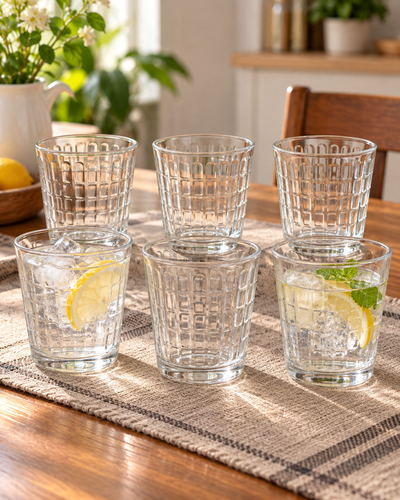 Juego de 6 vasos de vidrio transparente con relieve cuadriculado
