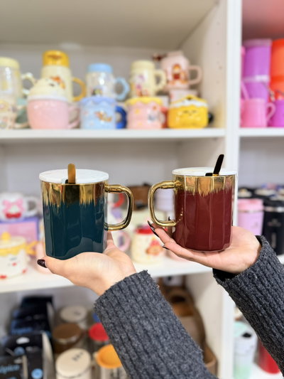 Tazas XL cerámica premium, con tapa & cuchara gold