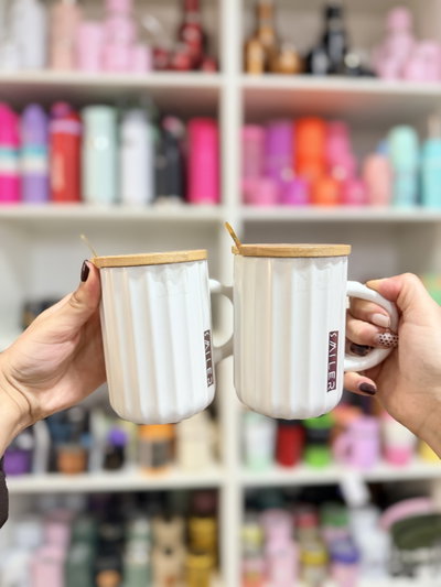 Tazas XL cerámica premium, tapa de bambú & cuchara