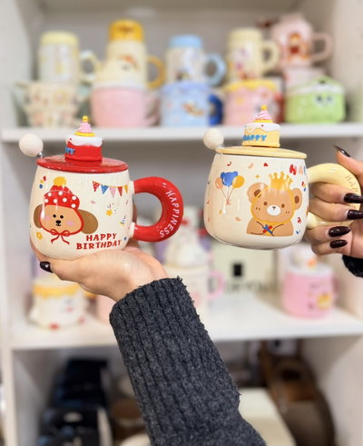 Tazas con tapa y cuchara BIRTHDAY cerámica importada