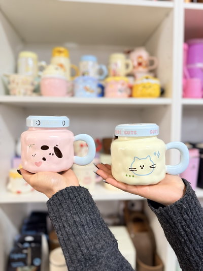 Tazas con tapa MASCOTAS cute cerámica importada