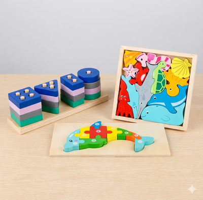 Set Montessori Madera 3en1: Encastre + Torre + Armado