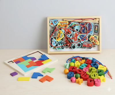 Set Montessori Madera 3en1: Puzzle + Reto Lógico + Enhebrado