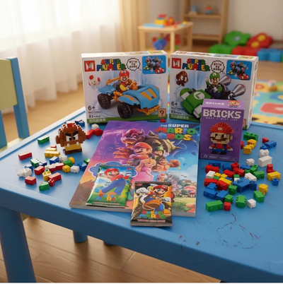 Bloques para Armar Mario y Luigi Karts, Bricks +Libro para colorear+ Cartas