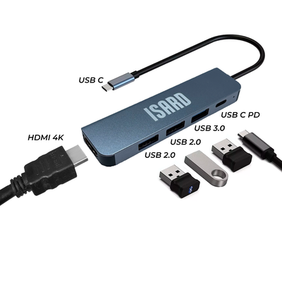 Adaptador Usb C Hub 5 En 1 Hdmi 4k Mac Pc Tv Isard 401101 Color Gris