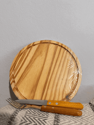 Tabla redonda madera - REGALO TENEDOR Y CUCHILLO - 22,5 cm diámetro