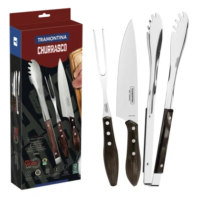 Set para Asado Tramontina Polywood Castaño 3 Piezas (Cuchillo, Pinza y Trinchante)