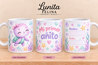 Taza Primer Añito – Diseño tortuguita- Cerámica o Plástica 🎈