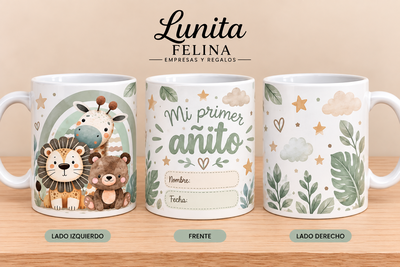 Taza Primer Añito – Diseño Safari con Animalitos 🦁🦒🐻 – Cerámica o Plástica 🎈