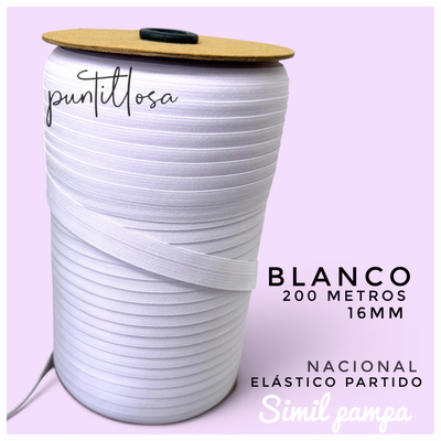 ELASTICO PARTIDO 16MM SIMIL PAMPA BLANCO PARA LENCERIA - ROLLO 200 METROS