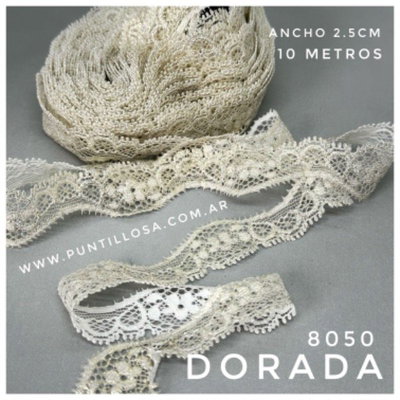 8050 - PUNTILLA ELASTIZADA ANGOSTA 2.5CM DORADA para lenceria - 10 METROS