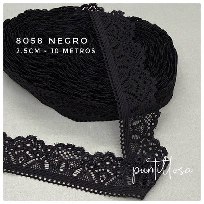 8058 - PUNTILLA ELASTIZADA ANGOSTA 2.5CM NEGRO para lenceria - 10 METROS