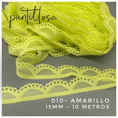 010 - PUNTILLA ELASTIZADA ANGOSTA 1.5CM AMARILLO para lenceria - 10 METROS