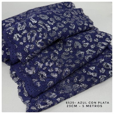 6525- PUNTILLA ELASTIZADA 23CM AZUL CON PLATA para lenceria - 5 METROS