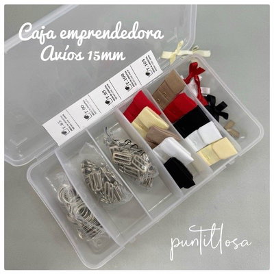 CAJA EMPRENDEDORA CON AVIOS 15MM Y SURTIDOS DE COLORES