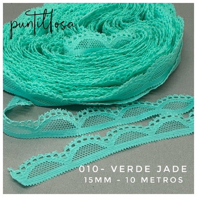 010 - PUNTILLA ELASTIZADA ANGOSTA 1.5CM VERDE JADE para lenceria - 10 METROS