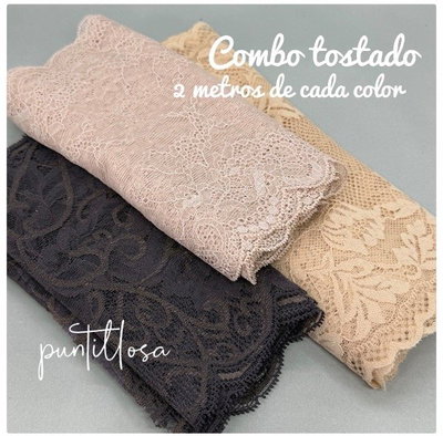 COMBO DE PUNTILLA ELASTIZADA TOSTADAS - 2 METROS DE CADA COLOR