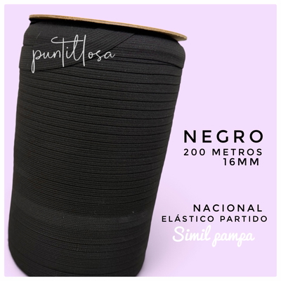 ELASTICO PARTIDO 16MM SIMIL PAMPA NEGRO PARA LENCERIA - ROLLO 200 METROS