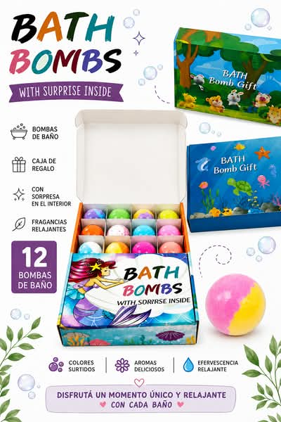 CAJA X 12 BOMBAS DE BAÑO INFANTILES CON JUGUETE SORPRESA 