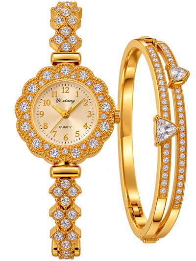 Set Reloj Y Pulsera Dorado Con Strass Para Dama