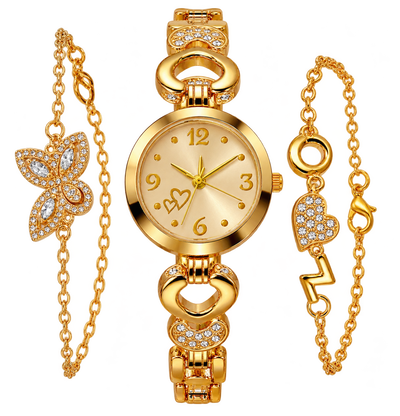 Set Reloj Mujer Dorado Con 2 Pulseras Y Strass