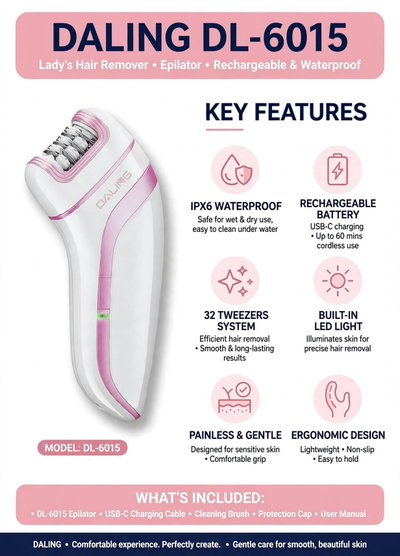 Depiladora Femenina DALING DL-6015 Recargable Inalámbrica Piel Suave y Duradera