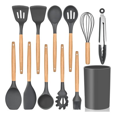 Set X12 Utensilios De Cocina de Silicona Mango Madera