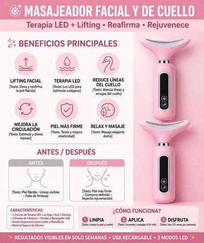 Masajeador Facial y de Cuello con Luz LED  Lifting Reafirmante y Drenaje Linfático