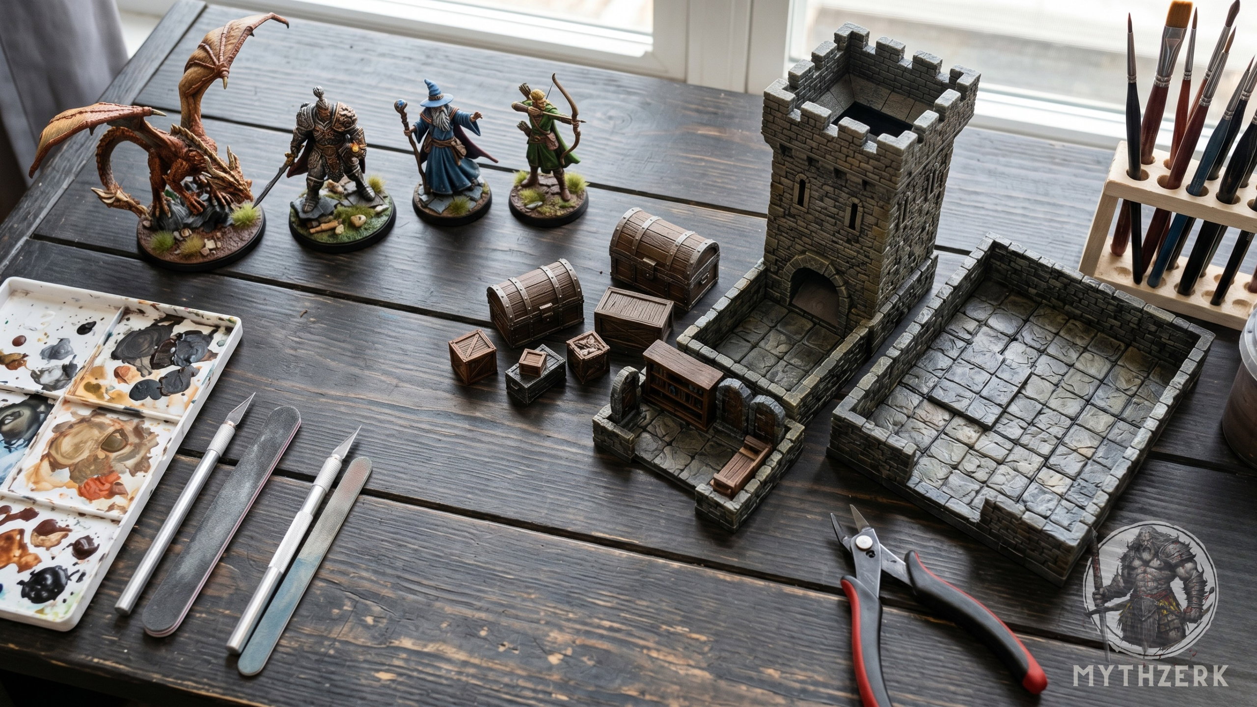 Taller creativo de pintura de miniaturas de fantasía, figuras detalladas de un dragón, mago y guerreros, junto a escenografía modular de mazmorras de piedra y herramientas de hobby esenciales como pinceles y una paleta de colores.