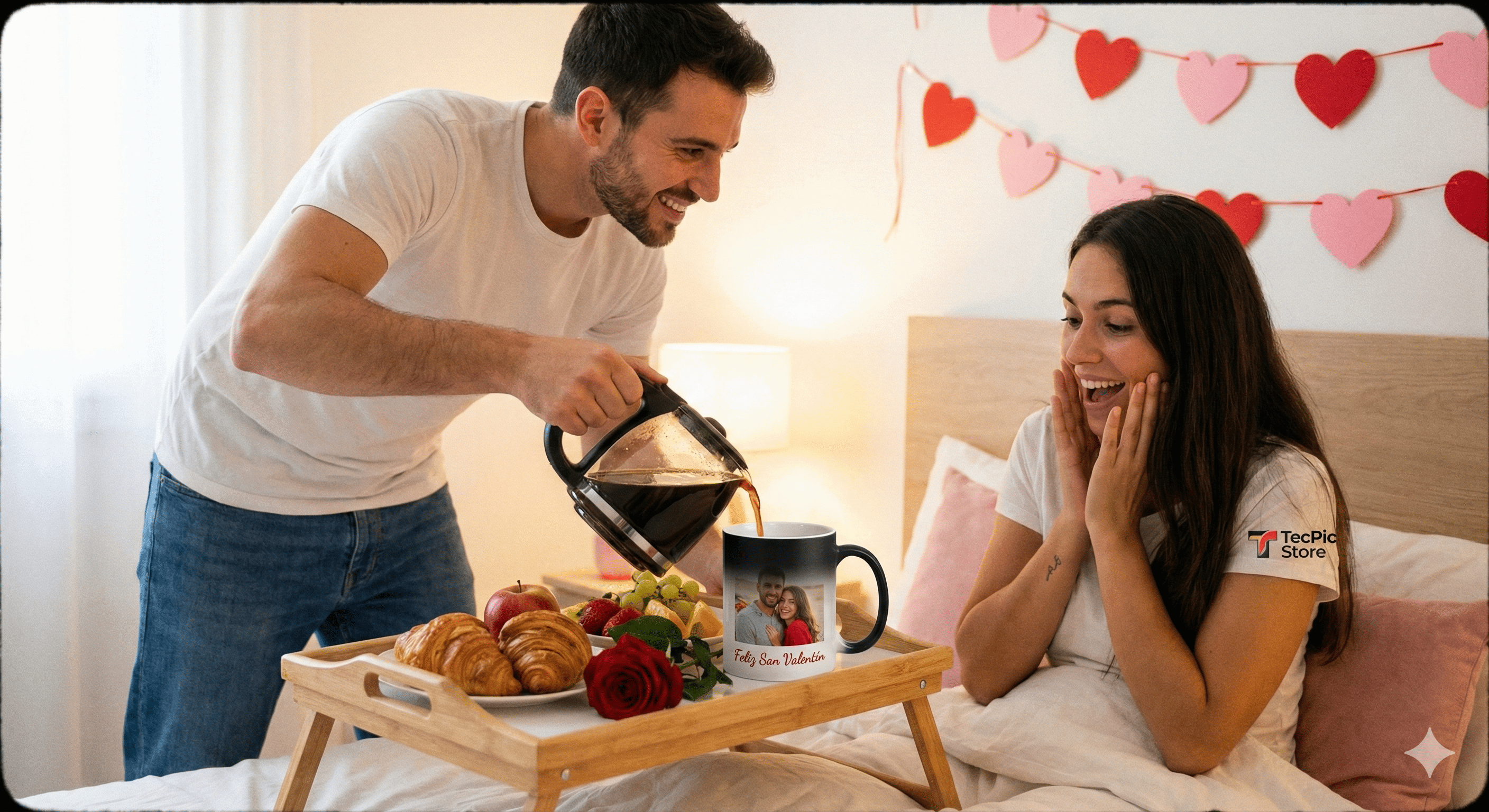 Hombre sirviendo café en una taza mágica personalizada que revela una foto de pareja al calentarse, ideal para desayuno sorpresa de San Valentín - TecPic Store