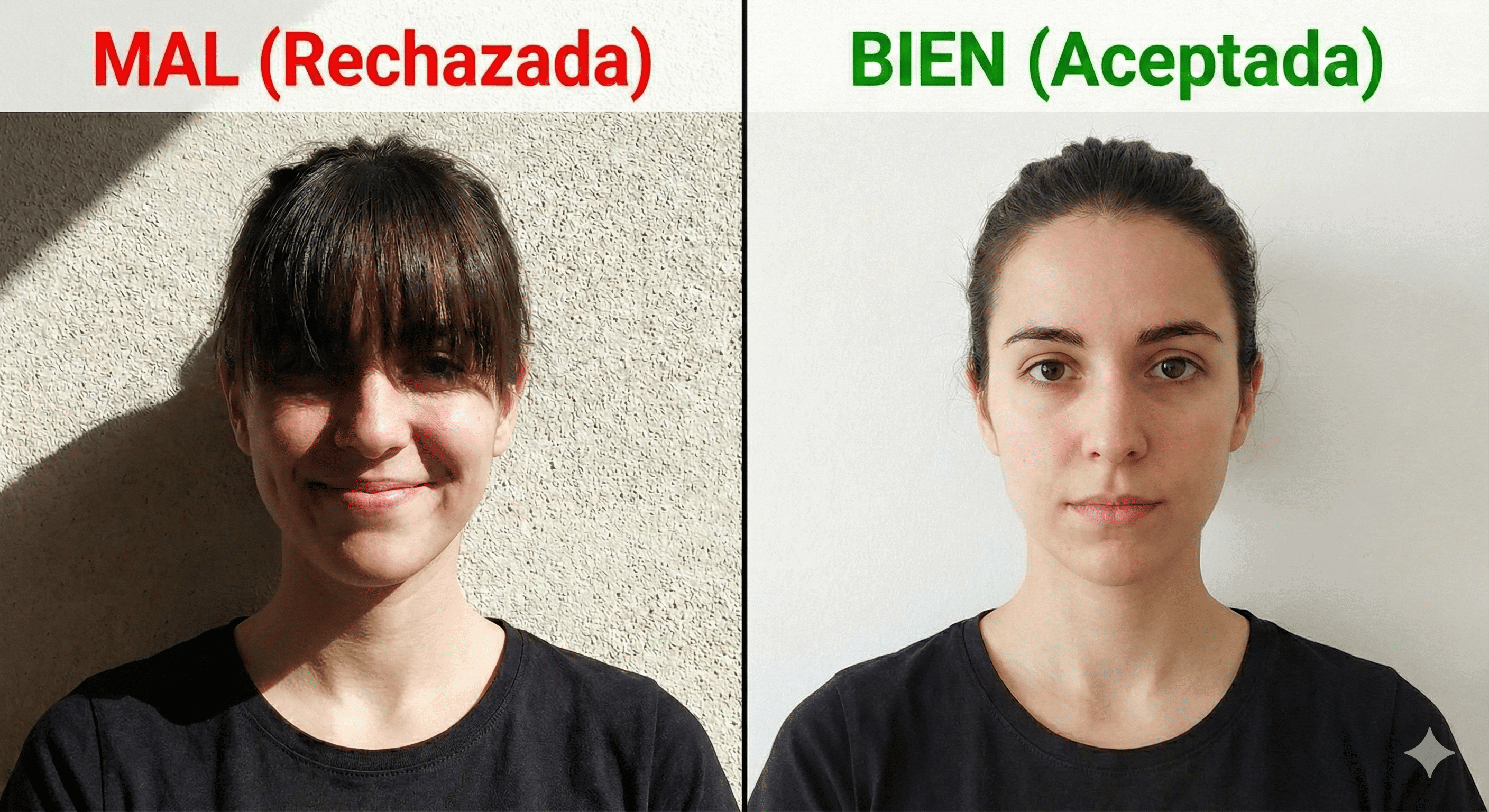 Comparativa de cómo sacar una foto carnet. Izquierda: Foto rechazada con sombras duras, flequillo en los ojos y fondo texturado. Derecha: Foto aceptada para DNI y Pasaporte con iluminación frontal, fondo blanco y rostro despejado.