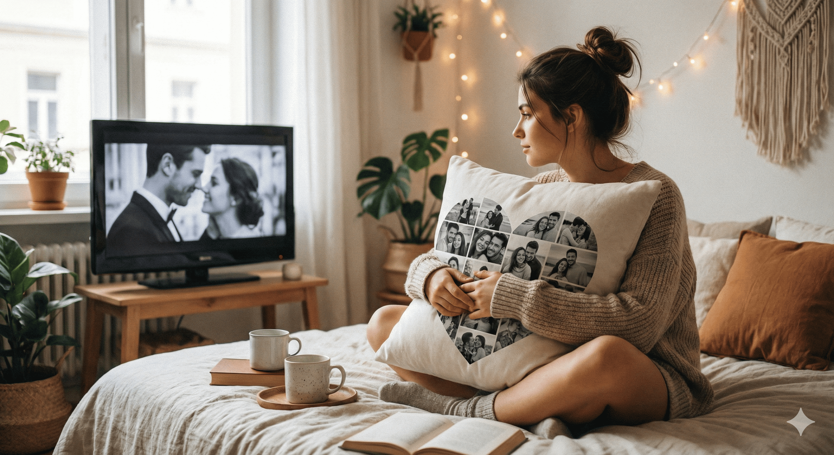 Mujer abrazando almohadón personalizado con collage de fotos en forma de corazón regalo romántico