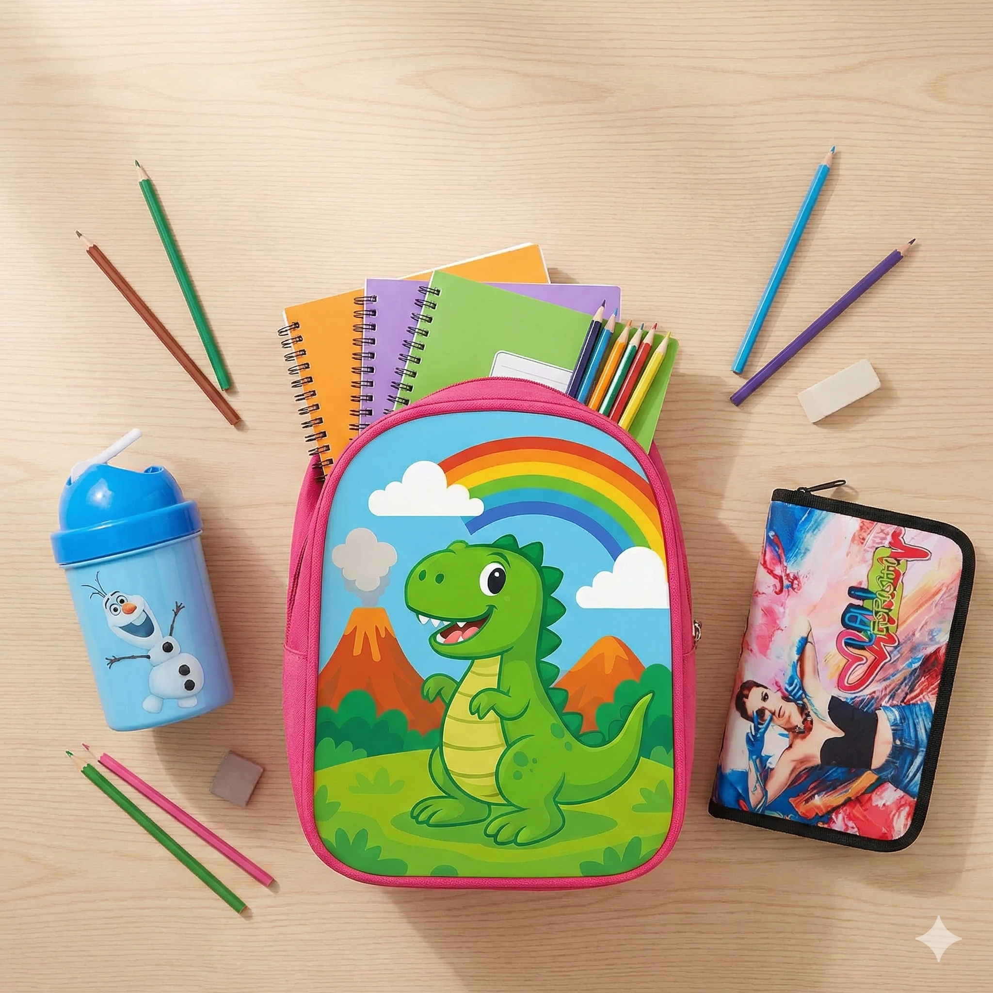 Flat lay de kit escolar aesthetic sobre escritorio de madera: Mochila rosa con dinosaurio, cantimplora azul de Olaf Frozen y cartuchera de Lali Espósito rodeadas de lápices y cuadernos para la Vuelta al Cole 2026.