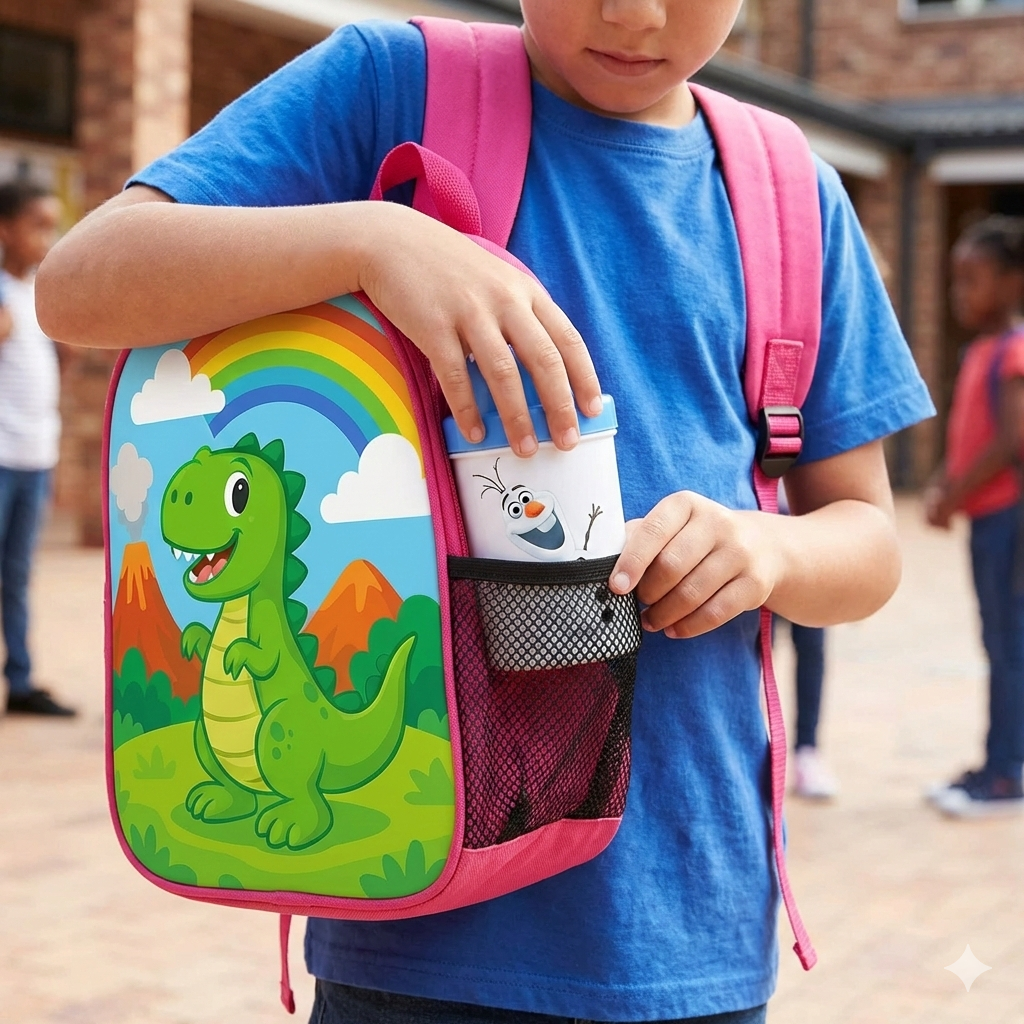 Primer plano de estudiante guardando una cantimplora blanca con diseño de Olaf Frozen en el bolsillo lateral de malla de una mochila escolar rosa con dibujo de dinosaurio y arcoíris