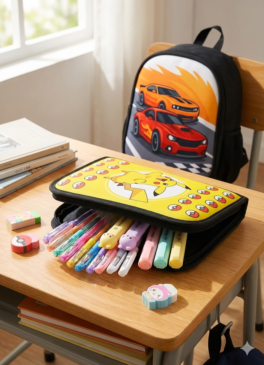 Primer plano de cartuchera amarilla de Pokémon Pikachu abierta y llena de lápices y resaltadores aesthetic sobre un pupitre, con una mochila de autos de carrera desenfocada al fondo