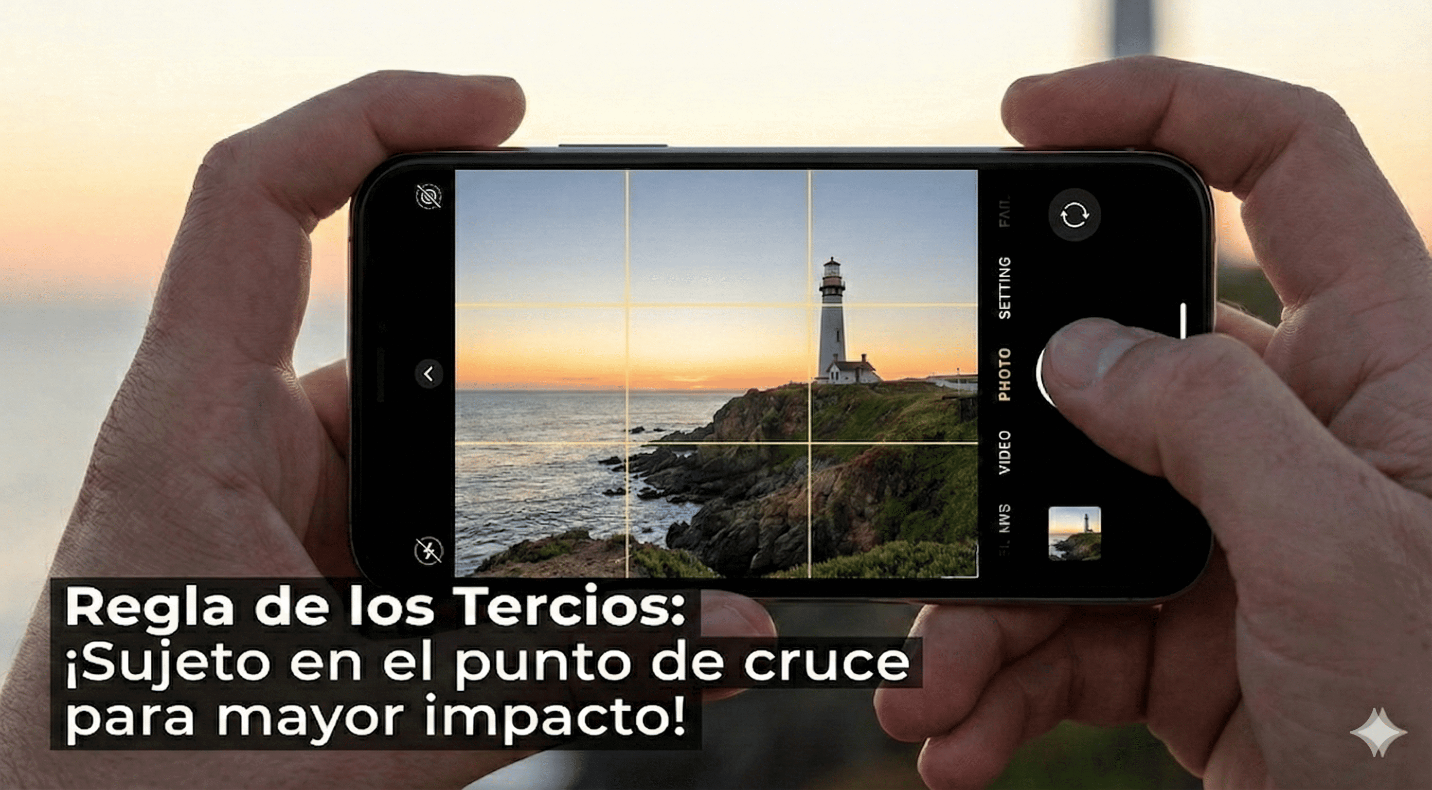 Ejemplo de la regla de los tercios en fotografía móvil mostrando un faro en el punto de cruce de la cuadrícula.