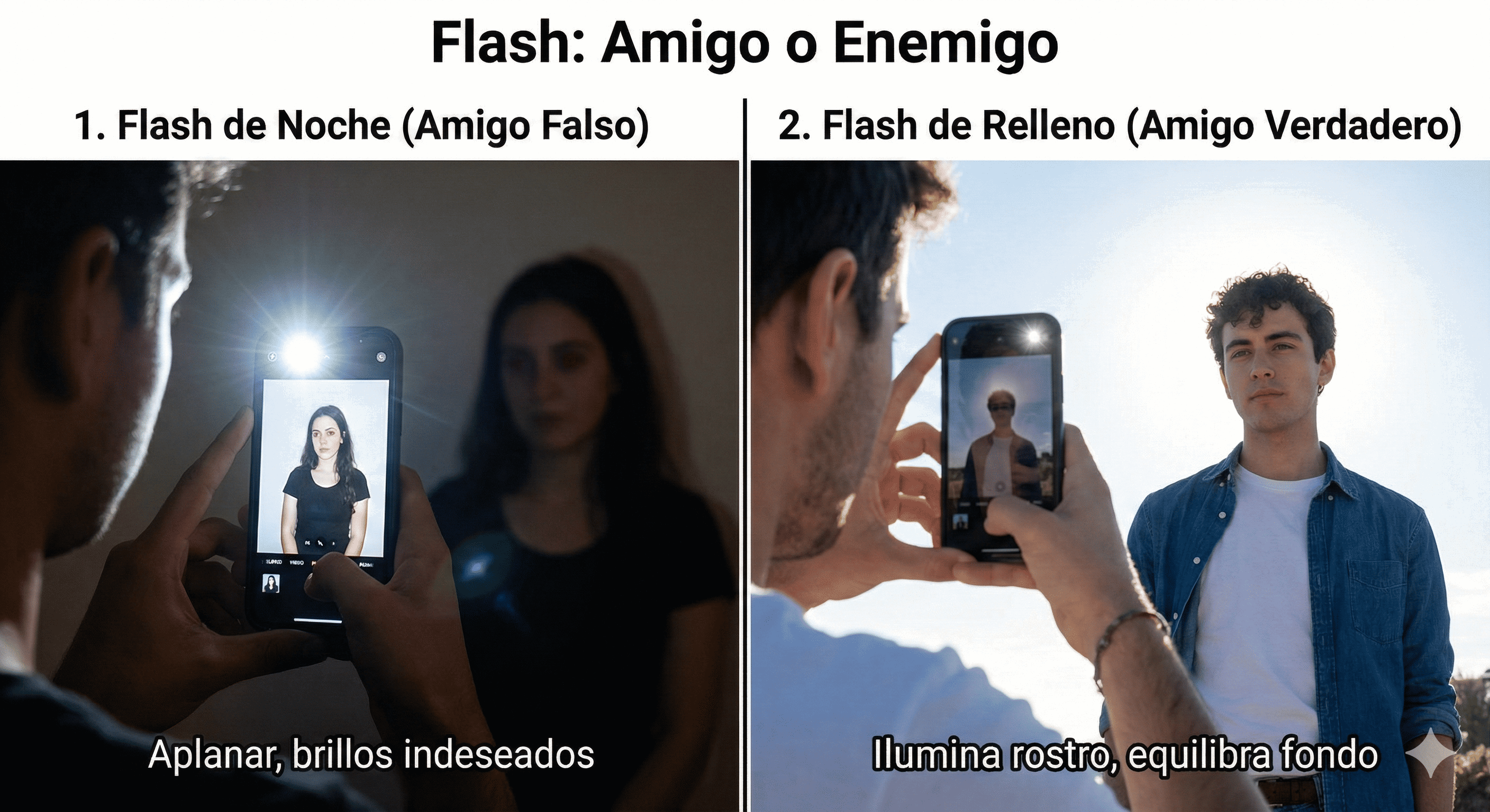 Ejemplos de cuándo evitar el flash de noche y cómo usar el flash de relleno a contraluz con el celular.