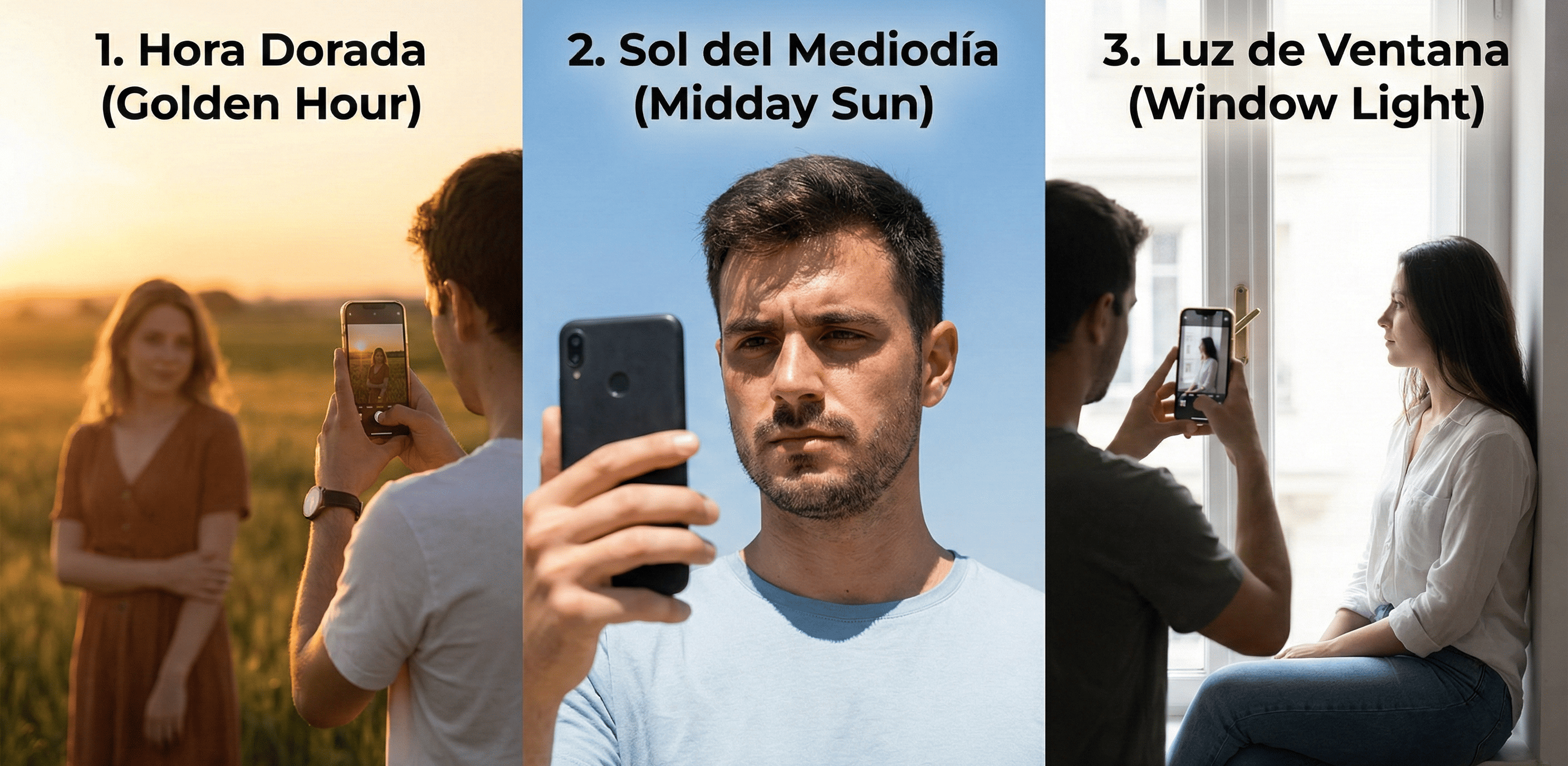 Comparativa de fotografía con celular usando luz natural en la hora dorada, sol del mediodía y luz de ventana